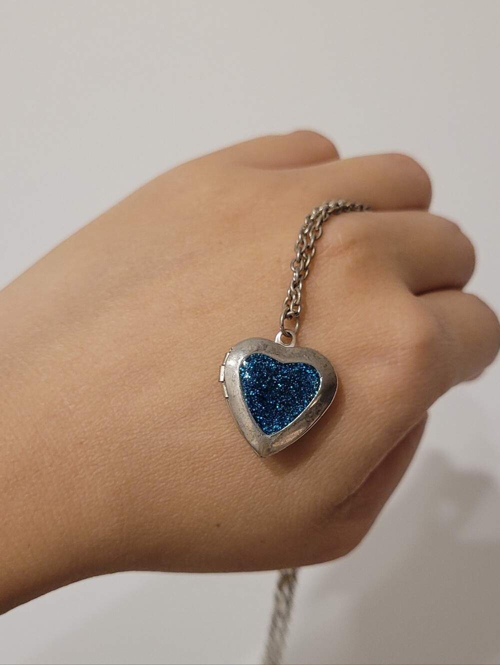 Silver-Tone Heart Locket Necklace with Blue Glitter Inlay